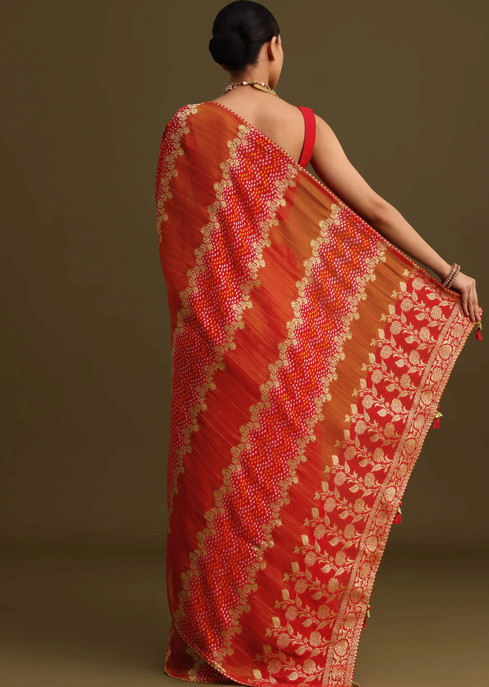 Red Khaddi Georgette Saree With Gotta Patti Border And Unstitched Blouse