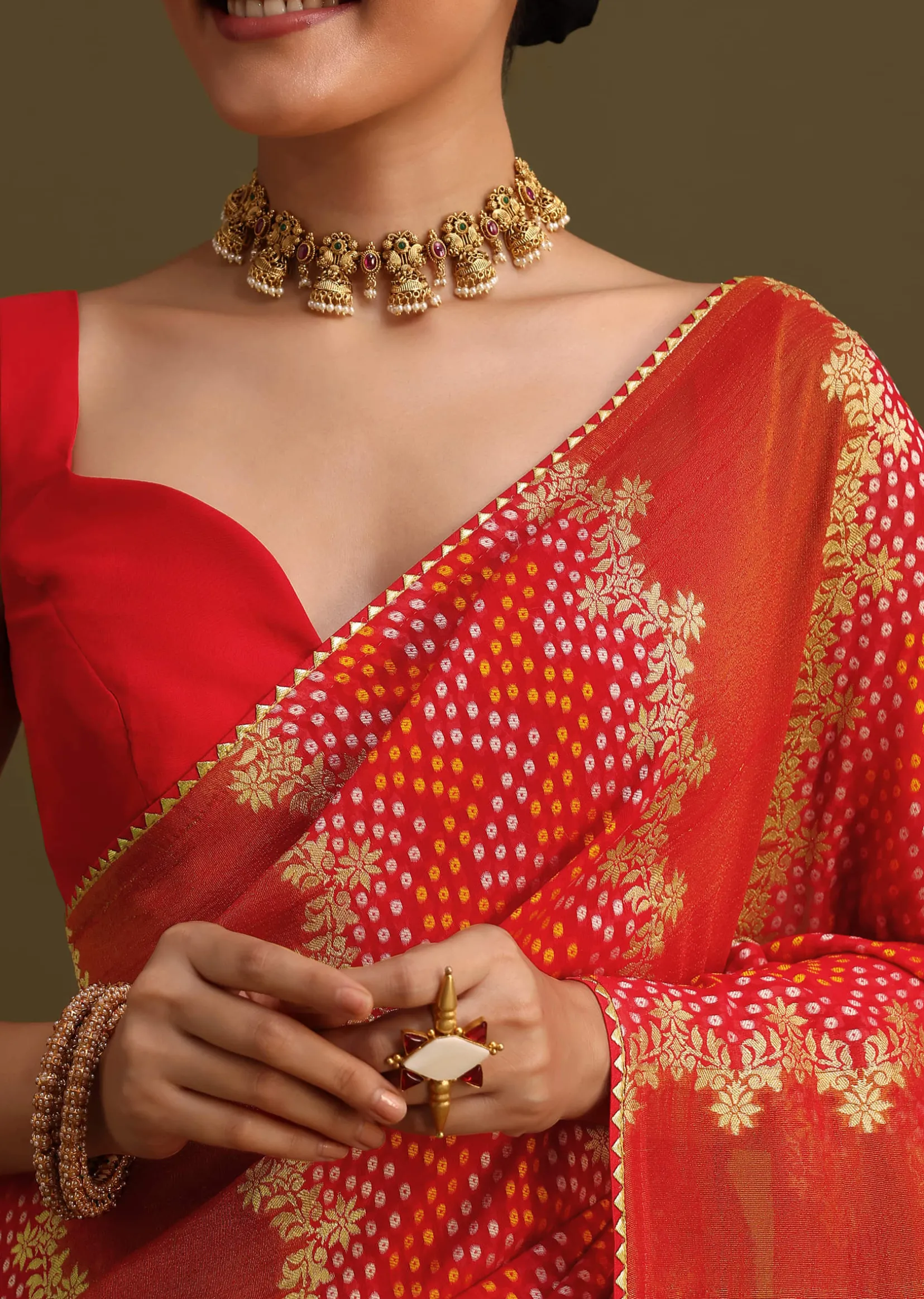 Red Khaddi Georgette Saree With Gotta Patti Border And Unstitched Blouse
