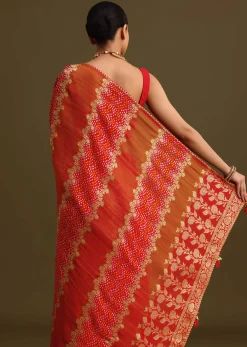 Red Khaddi Georgette Saree With Gotta Patti Border And Unstitched Blouse