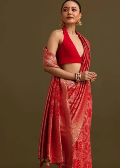 Red Khaddi Georgette Zari Weave Saree With Unstitched Blouse