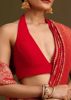 Red Khaddi Georgette Zari Weave Saree With Unstitched Blouse