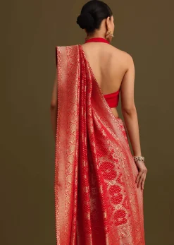 Red Khaddi Georgette Zari Weave Saree With Unstitched Blouse