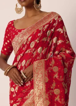 Red Khadi Gota Patti Banarasi Saree With Unstitched Blouse Piece