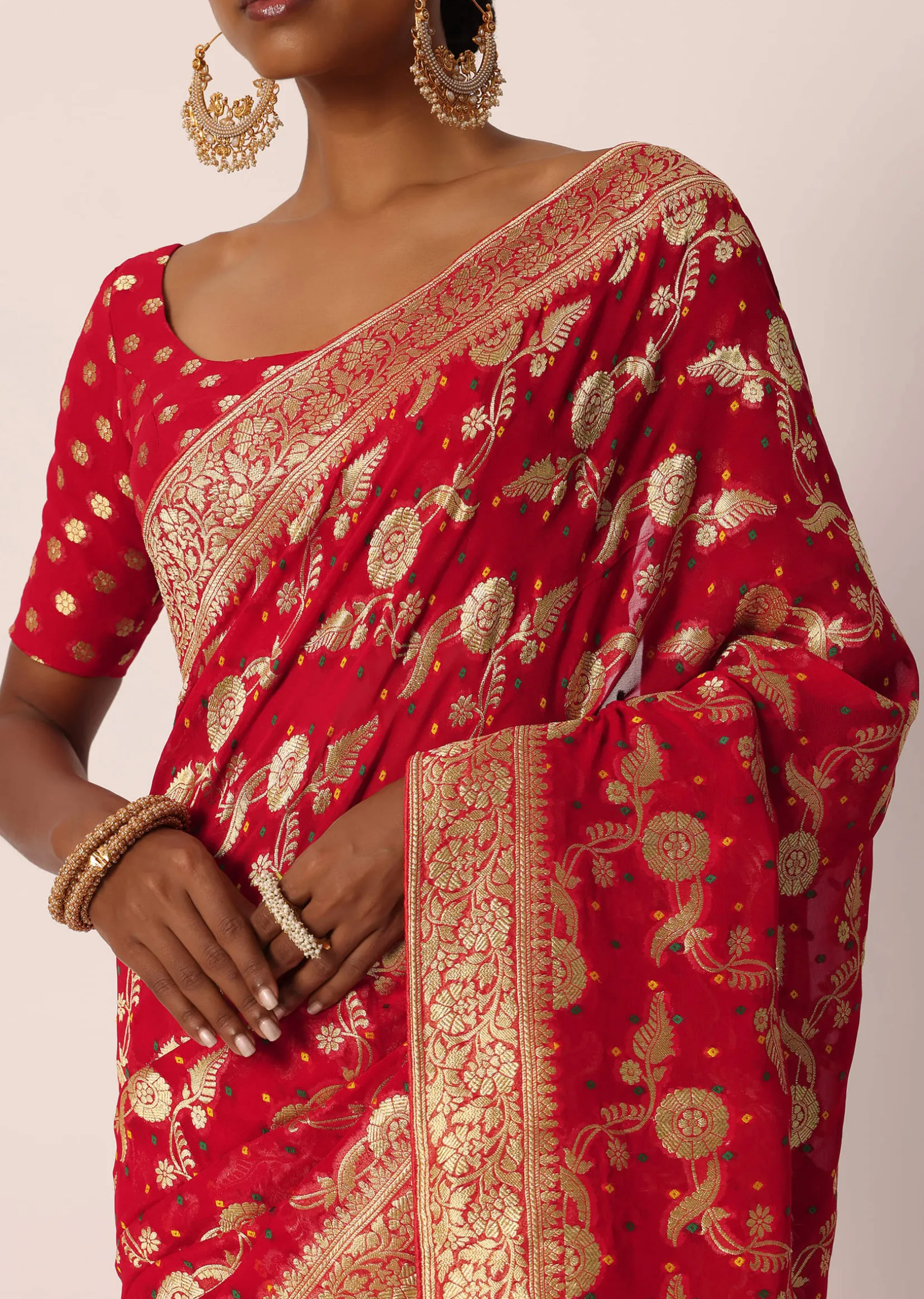 Red Khadi Gota Patti Banarasi Saree With Unstitched Blouse Piece