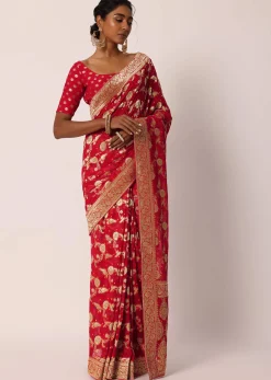 Red Khadi Gota Patti Banarasi Saree With Unstitched Blouse Piece