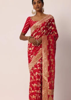 Red Khadi Gota Patti Banarasi Saree With Unstitched Blouse Piece