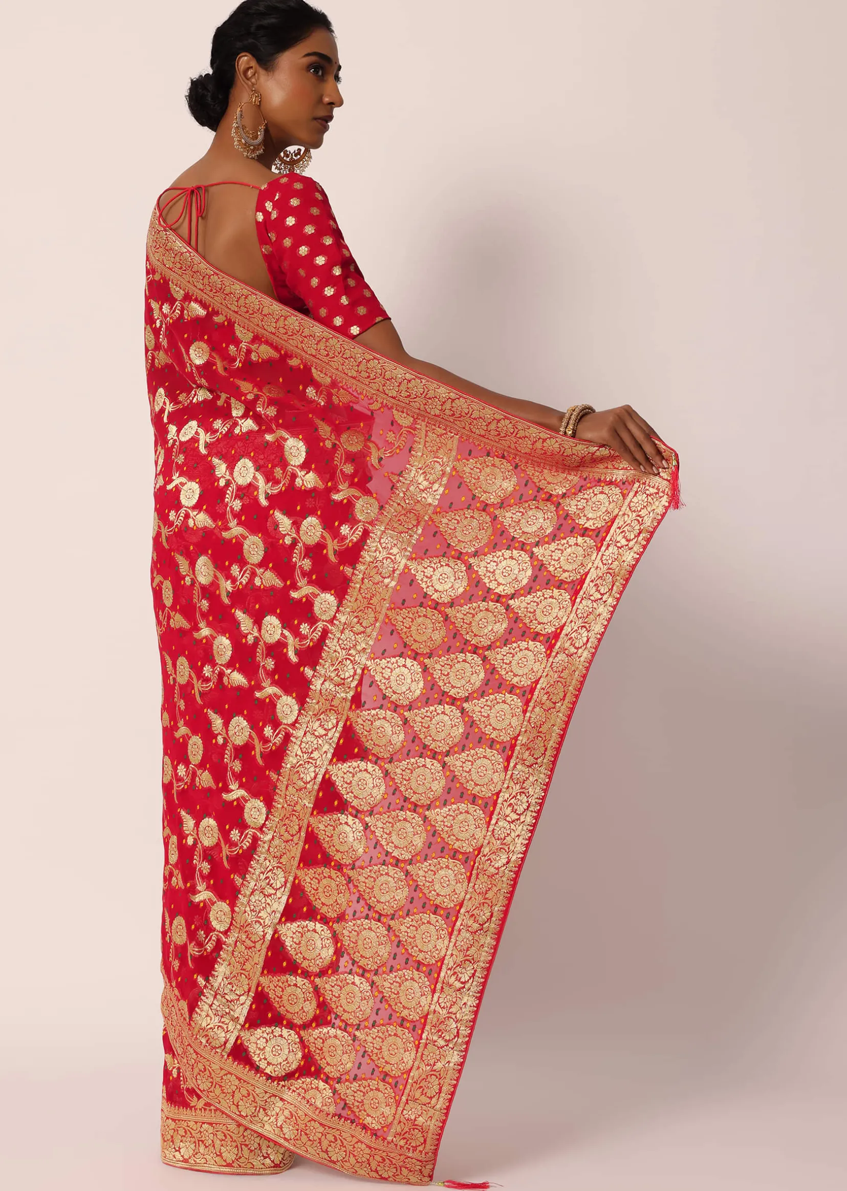Red Khadi Gota Patti Banarasi Saree With Unstitched Blouse Piece