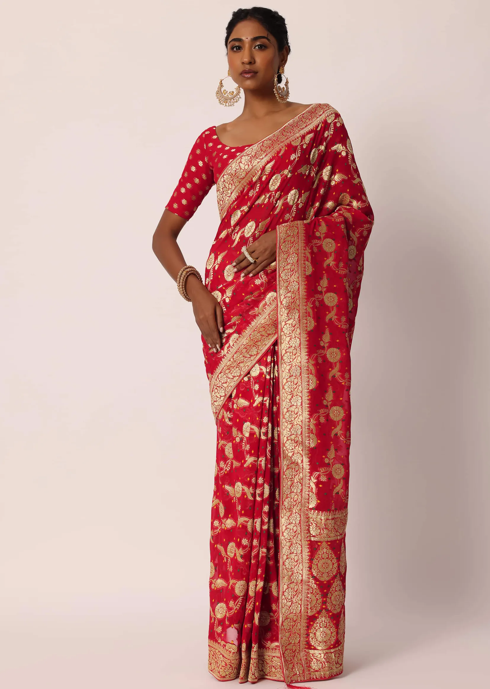 Red Khadi Gota Patti Banarasi Saree With Unstitched Blouse Piece