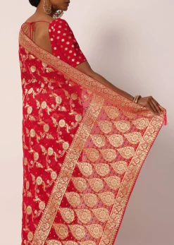 Red Khadi Gota Patti Banarasi Saree With Unstitched Blouse Piece