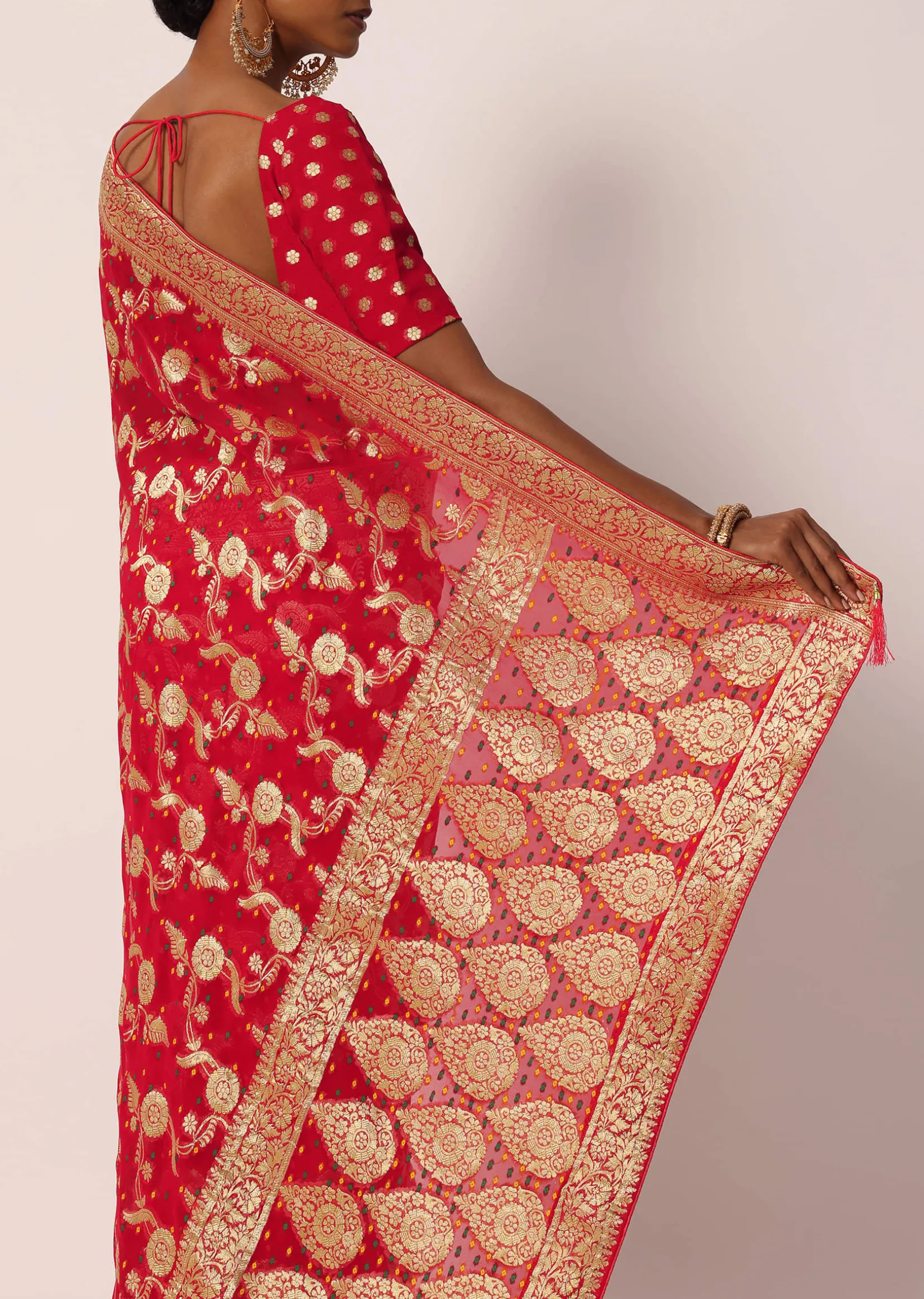 Red Khadi Gota Patti Banarasi Saree With Unstitched Blouse Piece