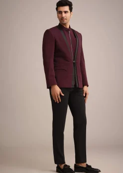 Red Knit Tuxedo Set With Waist Coat