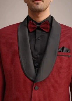 Red Knit Tuxedo Set With Pocket Square