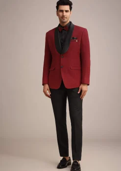 Red Knit Tuxedo Set With Pocket Square