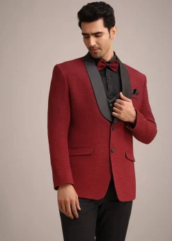 Red Knit Tuxedo Set With Pocket Square