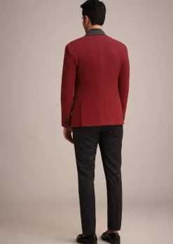 Red Knit Tuxedo Set With Pocket Square