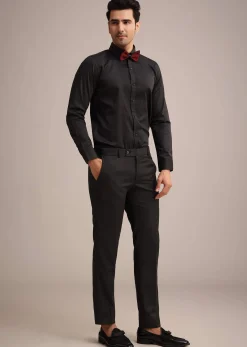 Red Knit Tuxedo Set With Pocket Square