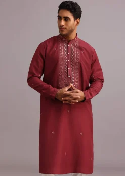 Red Kurta Pant Set In Silk With Mirror Work