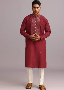 Red Kurta Pant Set In Silk With Mirror Work
