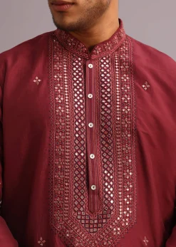 Red Kurta Pant Set In Silk With Mirror Work