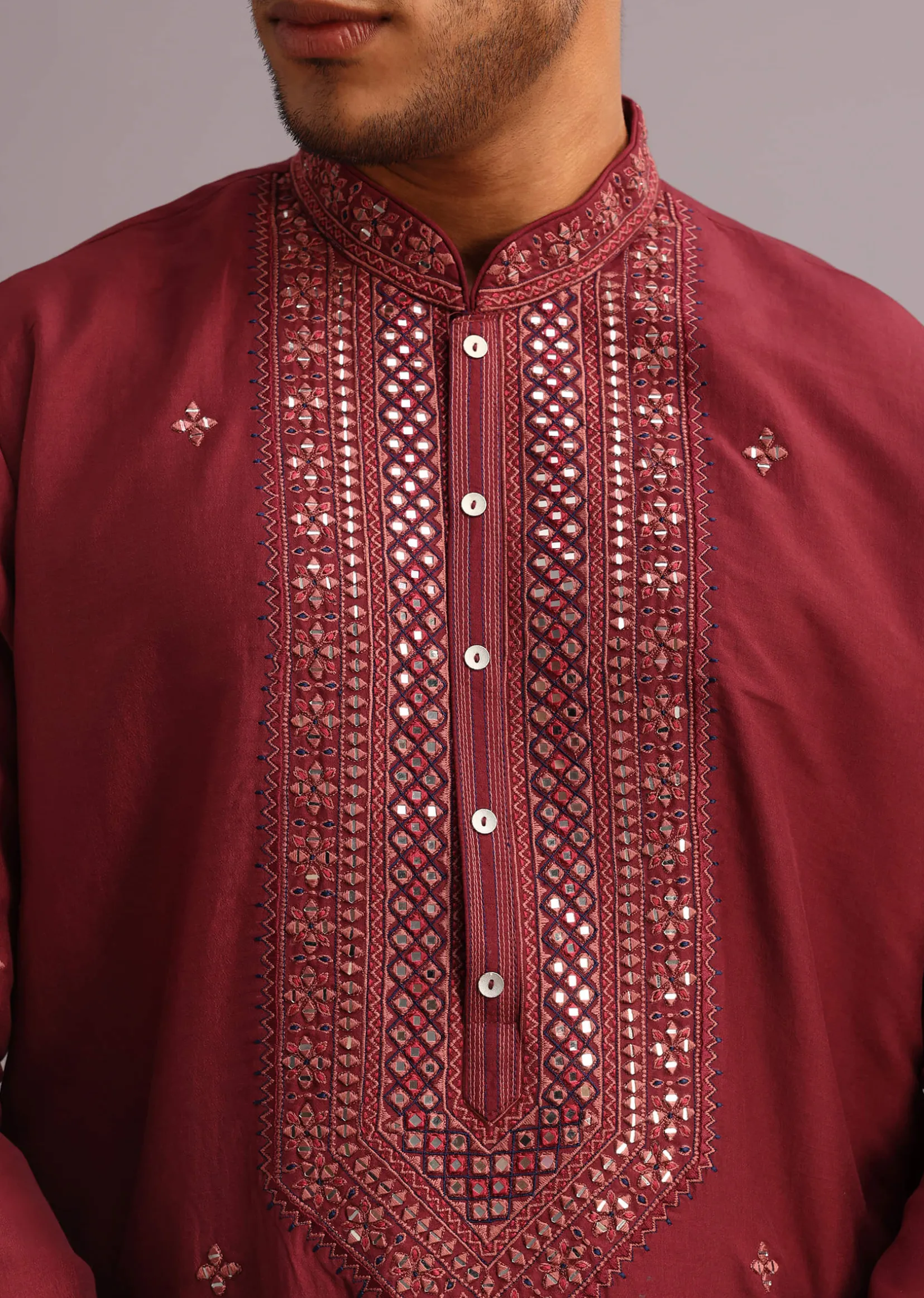 Red Kurta Pant Set In Silk With Mirror Work