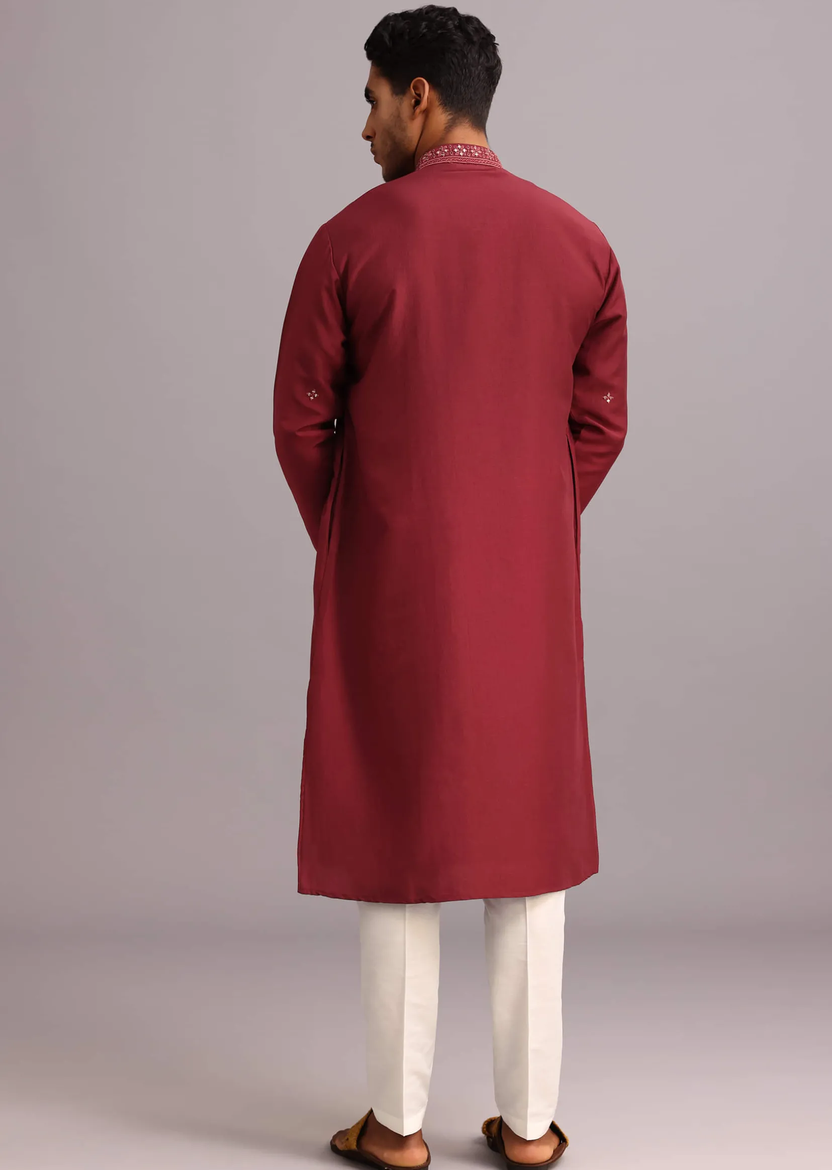Red Kurta Pant Set In Silk With Mirror Work