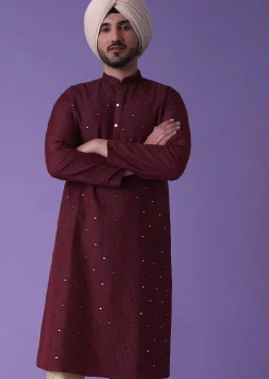 Red Kurta Set In Cotton Silk With Mirror Embroidery