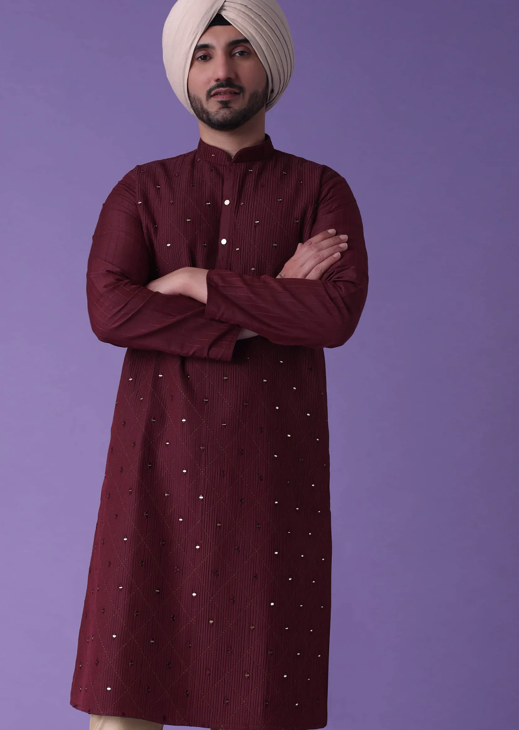 Red Kurta Set In Cotton Silk With Mirror Embroidery