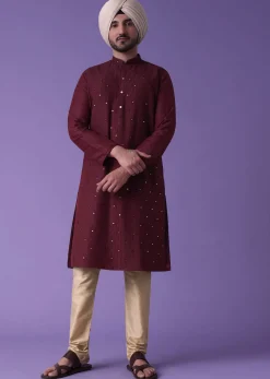 Red Kurta Set In Cotton Silk With Mirror Embroidery