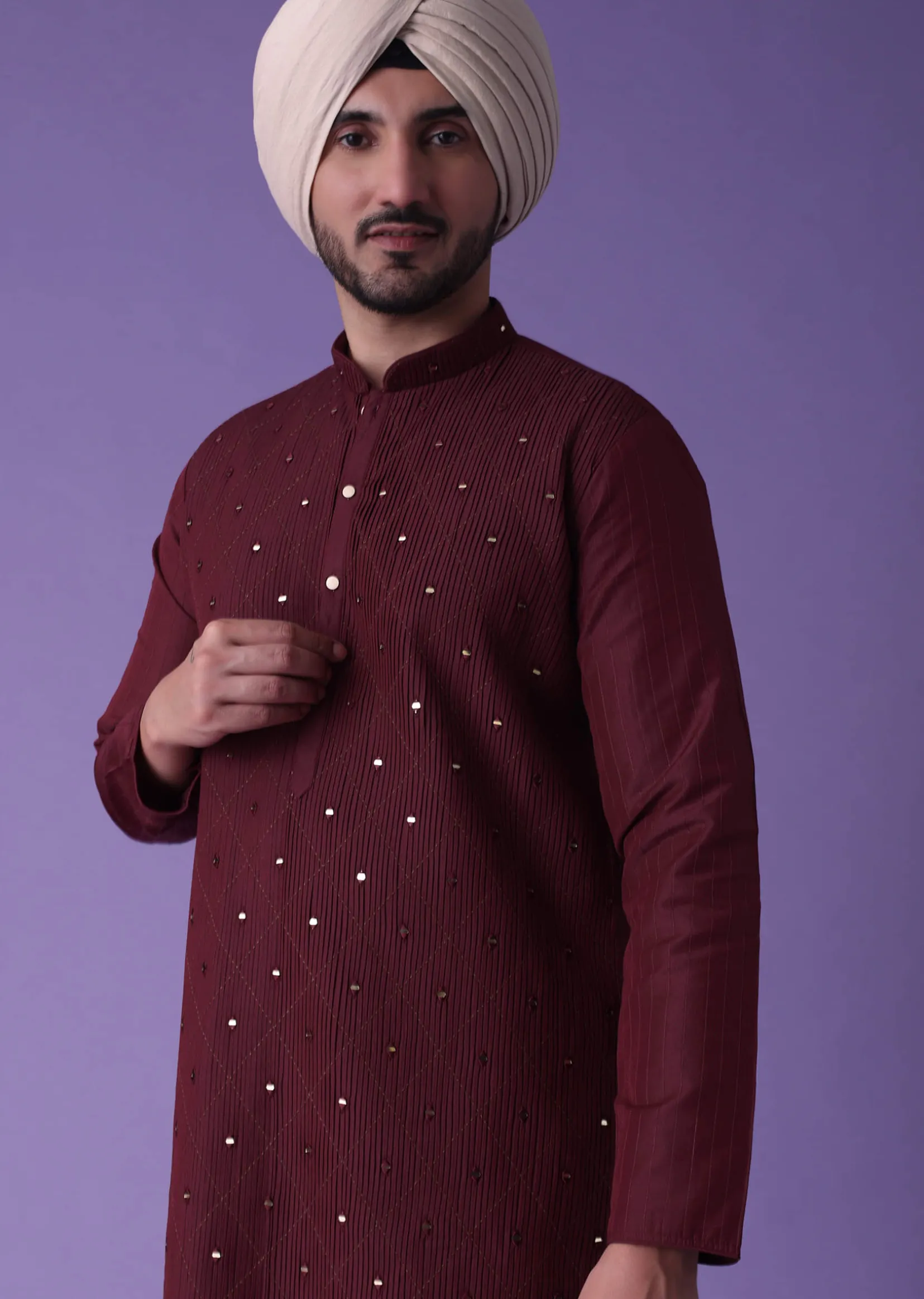 Red Kurta Set In Cotton Silk With Mirror Embroidery