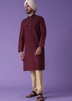 Red Kurta Set In Cotton Silk With Mirror Embroidery