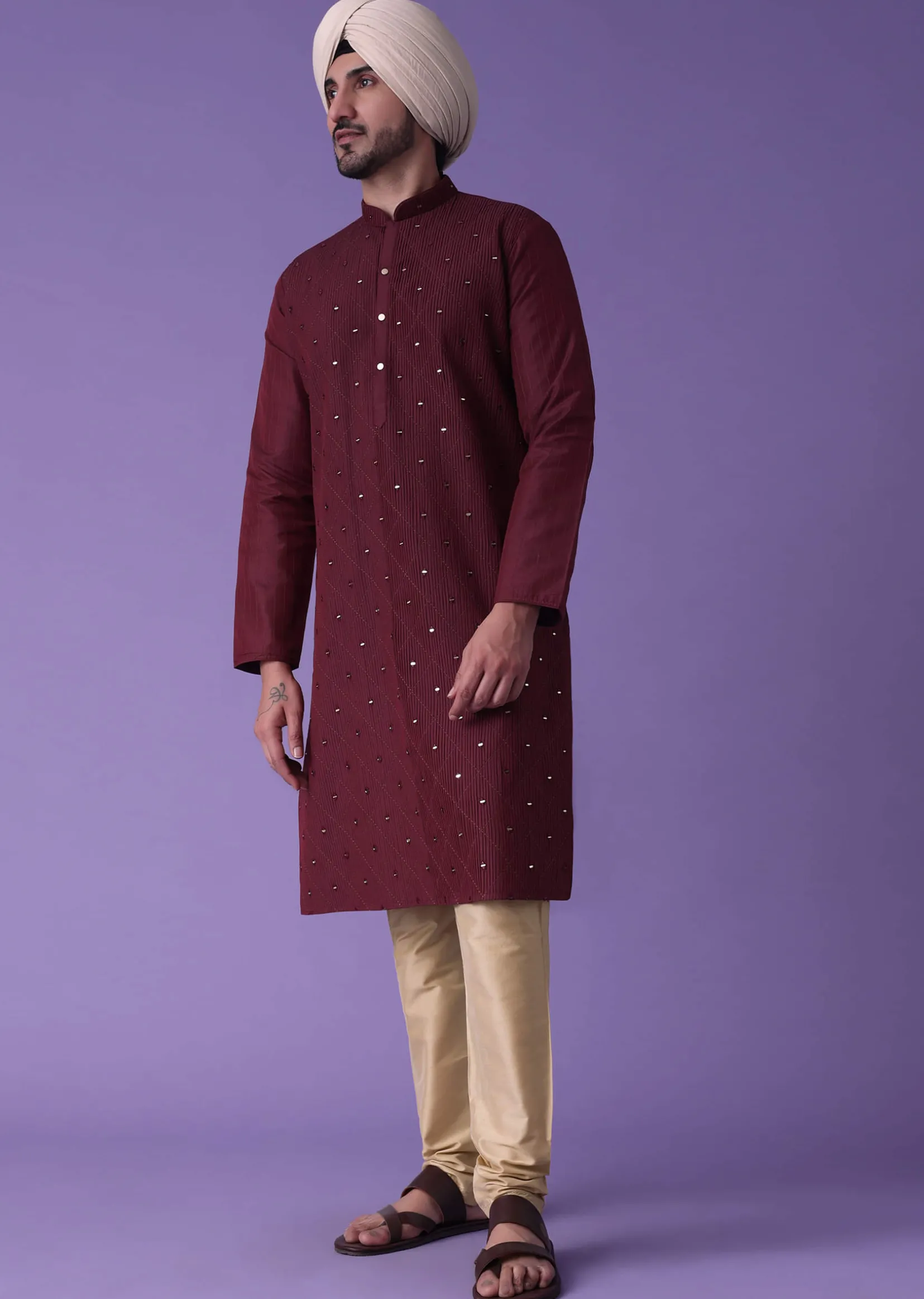 Red Kurta Set In Cotton Silk With Mirror Embroidery