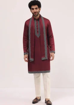 Red Kurta Set In Resham Work With Dupatta For Men