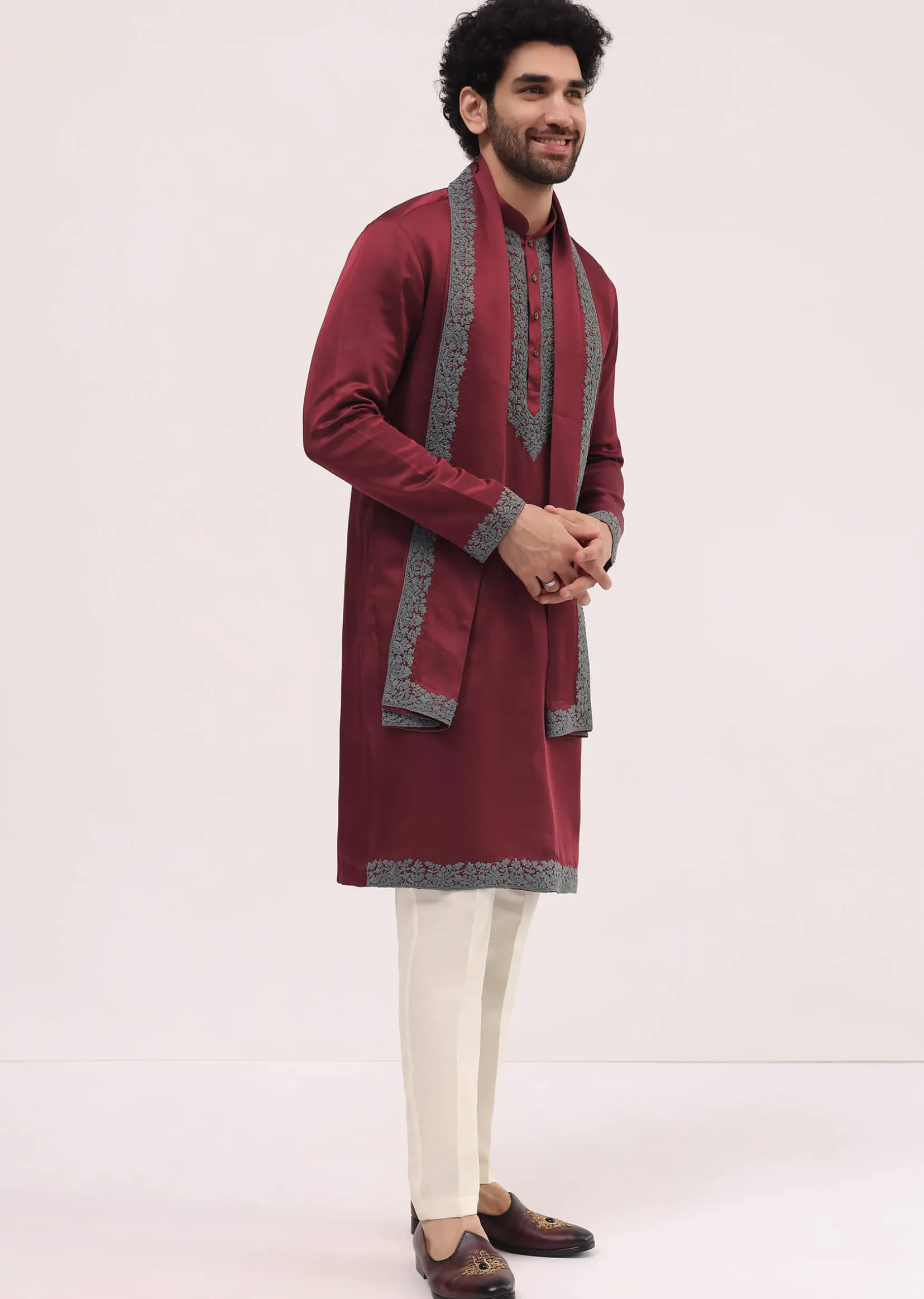 Red Kurta Set In Resham Work With Dupatta For Men