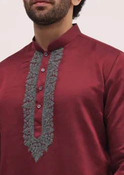 Red Kurta Set In Resham Work With Dupatta For Men