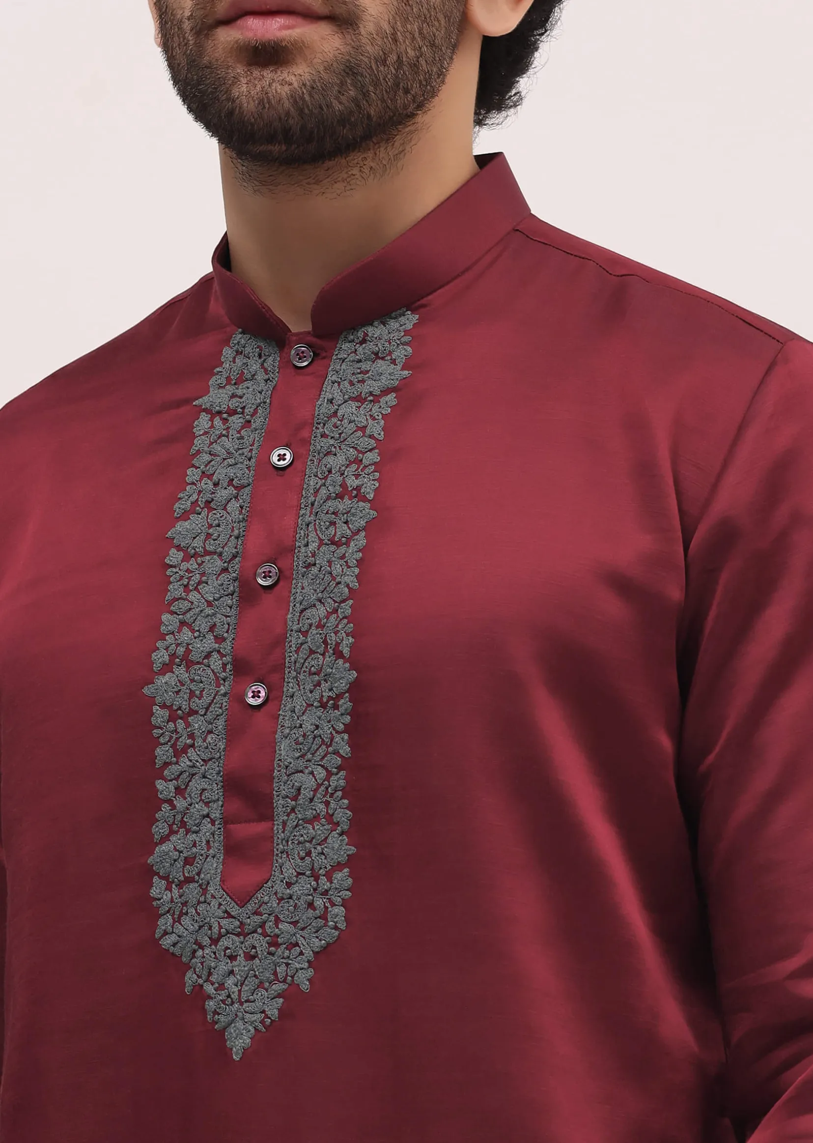 Red Kurta Set In Resham Work With Dupatta For Men