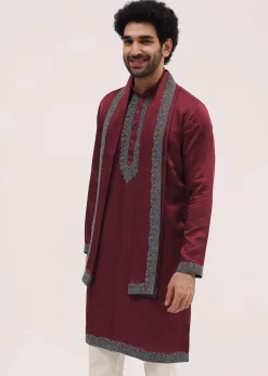 Red Kurta Set In Resham Work With Dupatta For Men