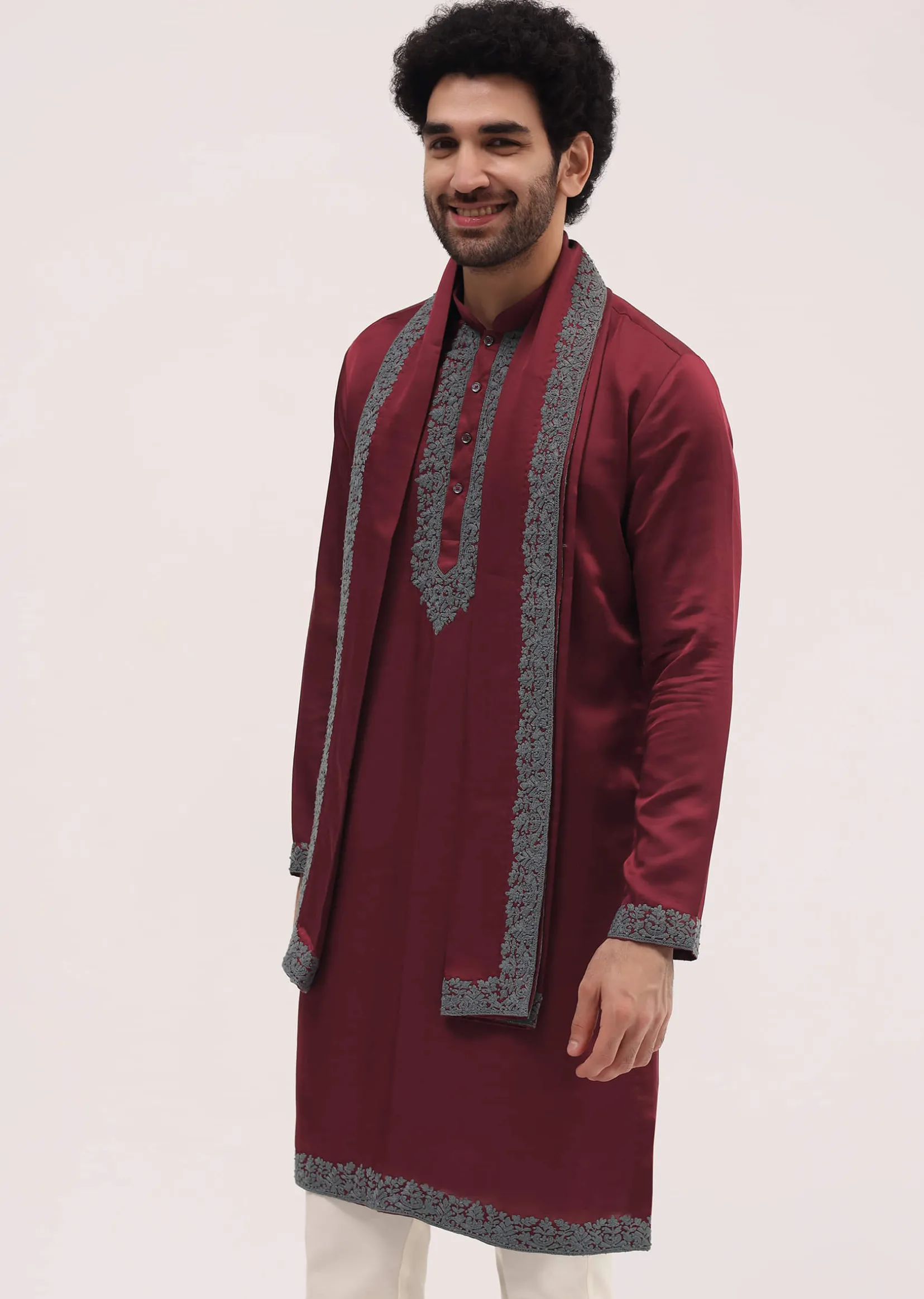 Red Kurta Set In Resham Work With Dupatta For Men