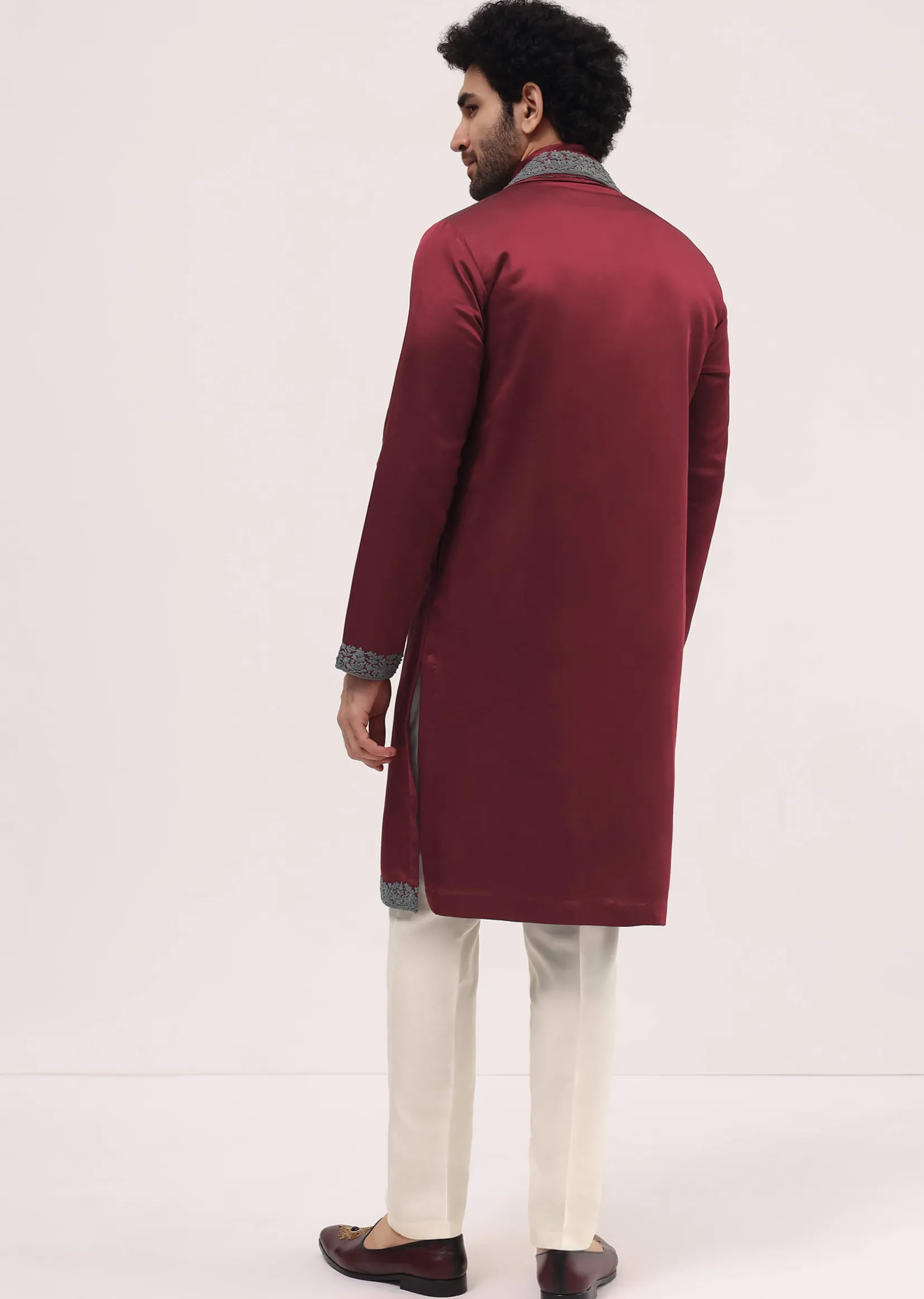 Red Kurta Set In Resham Work With Dupatta For Men