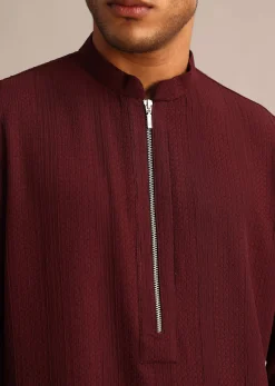 Red Kurta Set With Mandarin Collar