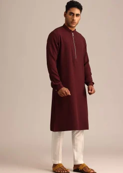 Red Kurta Set With Mandarin Collar