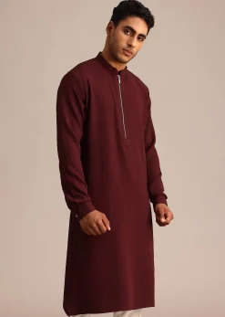 Red Kurta Set With Mandarin Collar