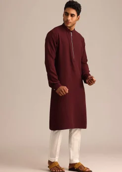 Red Kurta Set With Mandarin Collar