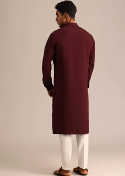 Red Kurta Set With Mandarin Collar