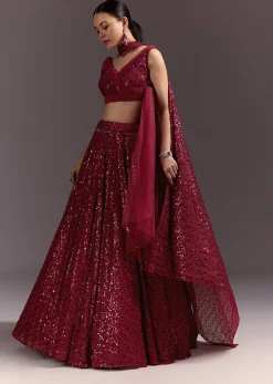 Red Lehenga Set With Embellished Dupatta And Tassels