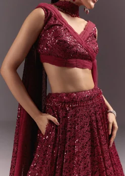 Red Lehenga Set With Embellished Dupatta And Tassels