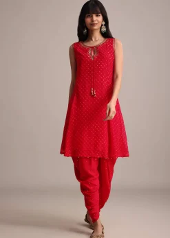 Red Leheriya Printed Kurta Dhoti Set