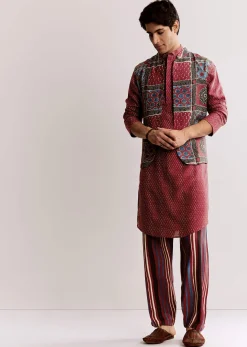 Red Linen Kurta Jacket Set With Ajrakh Print
