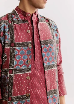 Red Linen Kurta Jacket Set With Ajrakh Print