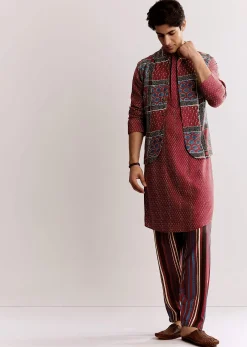 Red Linen Kurta Jacket Set With Ajrakh Print