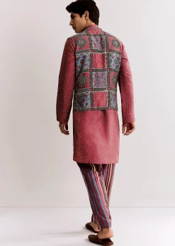 Red Linen Kurta Jacket Set With Ajrakh Print